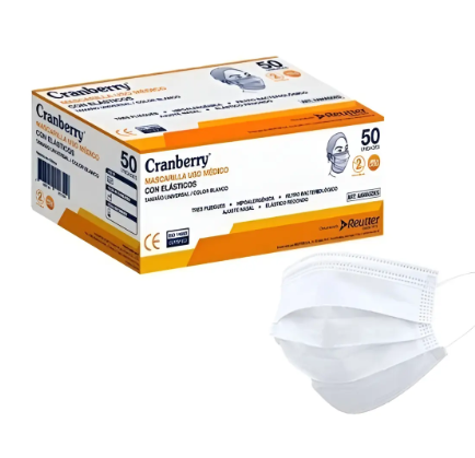 Mascarillas planas 3p c/elastico x 50un blanca uso medico cranberry