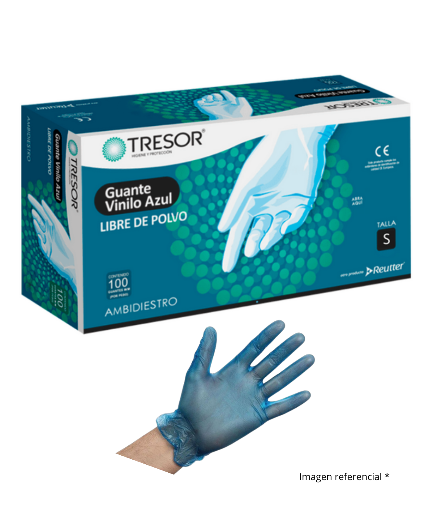 GUANTE VINILO AZUL SIN POLVO TRESOR CJ 100 UNID